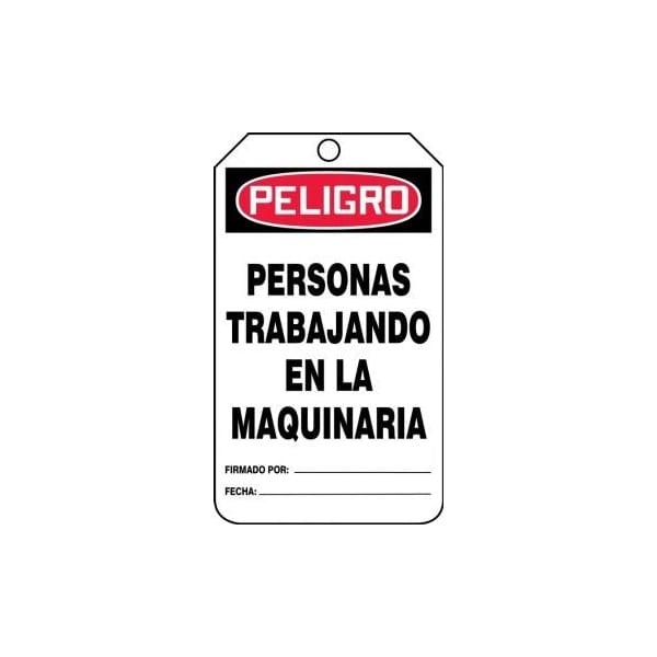 Accuform Spanish Safety Tags, DANGER MEN WORKING ON MACHINERY, 5.75in x 3.25in, RP-Plastic, 25PK SHMDT244PTP - main